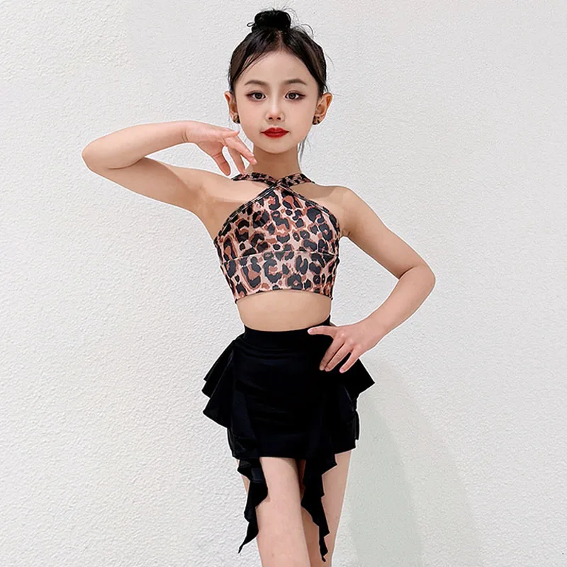 

Летний костюм для латинских танцев, леопардовый топ для девочек, черная юбка, детский комплект для тренировок по румбе, ча-ча-ча, одежда для танцев, VDL5291