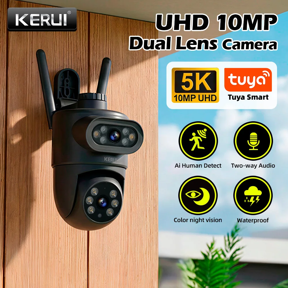 KERUI 5K 10MP HD Wifi PTZ  IP Camera Outdoor Dual Lens Dual Screen AI Auto Tracking CCTV Audio Video Surveillance TUYA SMART