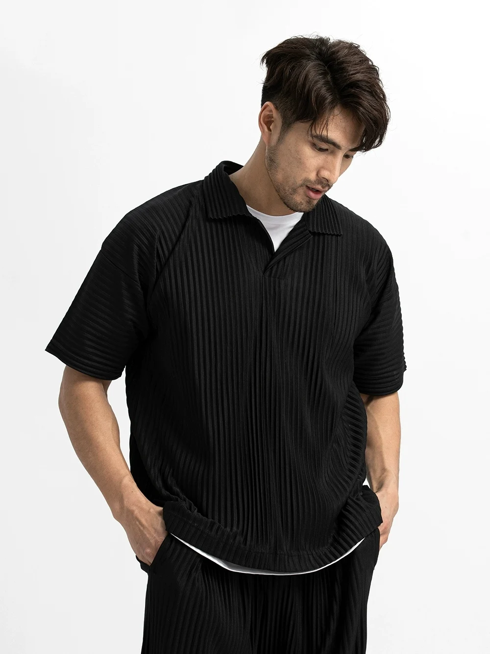 Miyake Pleated Men Polo Shirt Short-sleeved Lapel T Shirt Breathable Loose Casual Plain Top Miyake Men