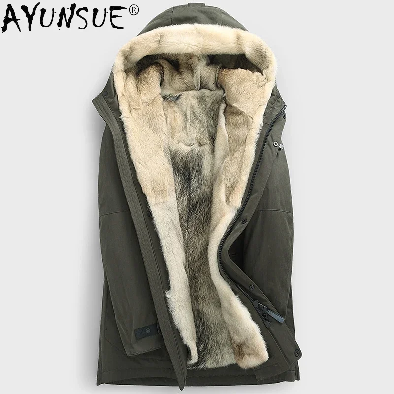 

AYUNSUE 2023 Men's Parka Real Fur Coat Men Winter Jacket Natural Wolf Fur Coats Warm Outerwear Long Parkas Hombre X88888