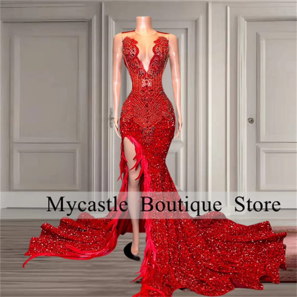 Red Diamond Sequins Prom Dresses For Black Girl 2025 Rhinestones Feathers High Slit Customized Evening Dress Formal Party Gowns