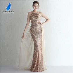 DEERVEADO Elegant Gold Sequins Dress Evening Party Women Detachable Train Long Formal Evening Dress Mermaid Prom Dresses 2022