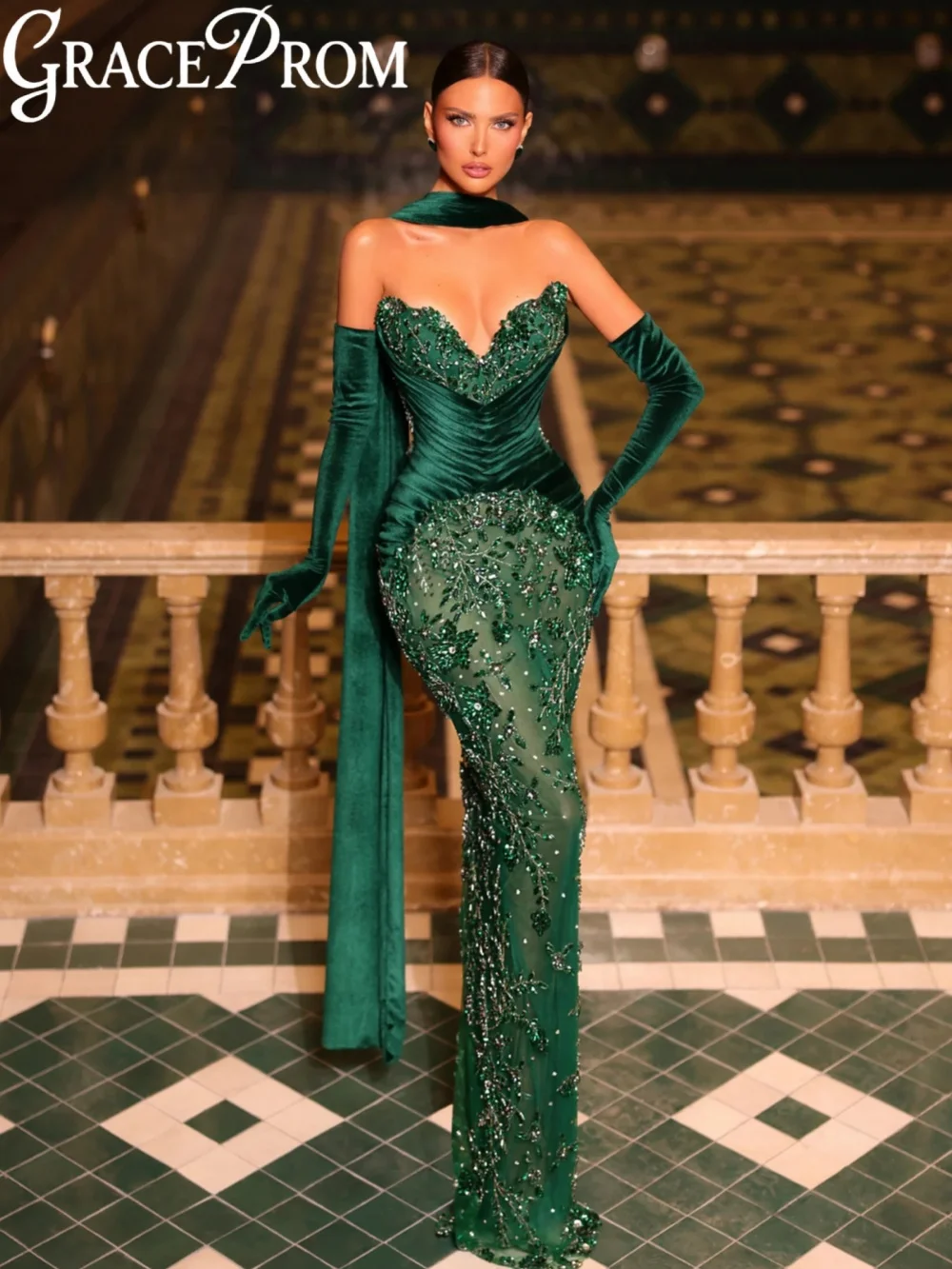 

Новое зеленое изысканное вечернее платье с кристаллами без перчаток с v-образным вырезом, длинное свадебное платье, элегантные банкетные платья по индивидуальному заказу