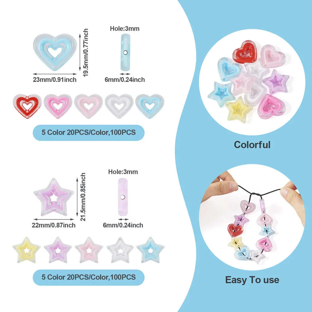 200pcs Transparent Star Heart Acrylic Beads Loose Beads for Earrings Bracelet DIY Handmade Jewelry Making Accessories