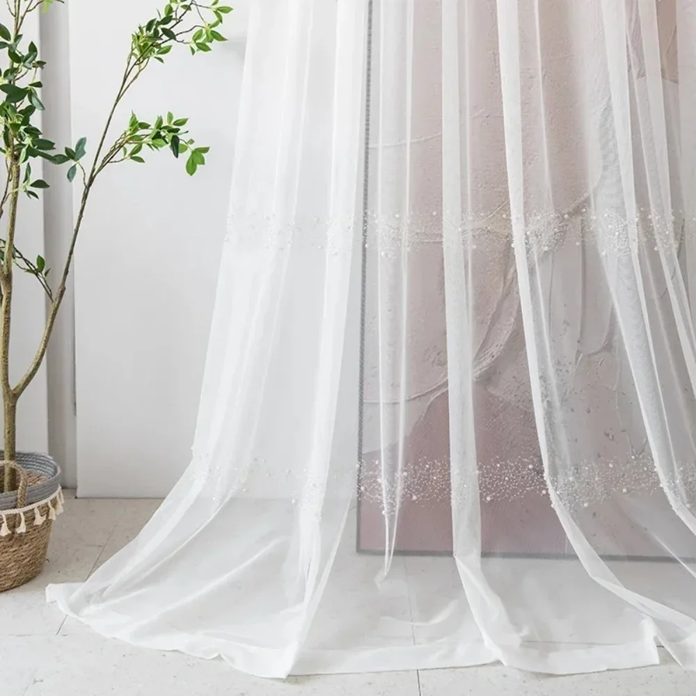 French Light Luxury Pearl Series Tulle Curtain Bright Diamond Window Screen for Living Room Bedroom Balcony Sheers Custom