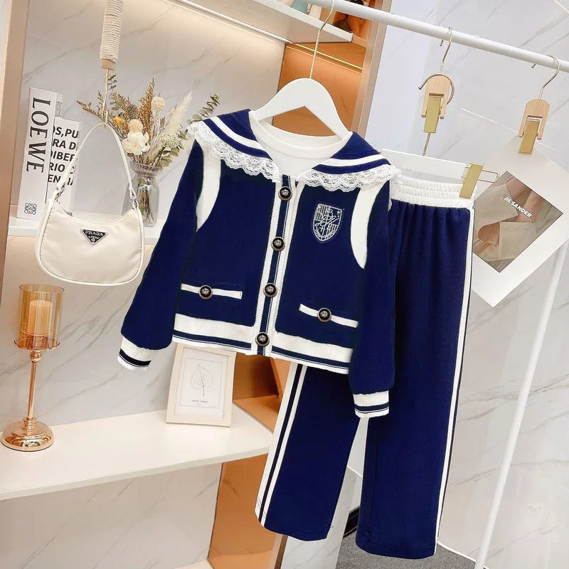 

2024 Spring Autumn School Girl 2PCS Clothes Set Junior Girl Lace Lapel Collar Single-breasted Jacket+Straight Pants Set For Girl