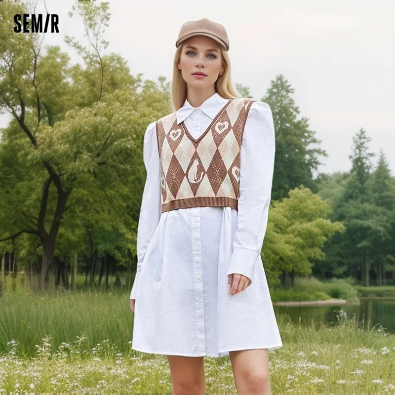 

Semir 2024 Dress Women Short Rhombus Vest Vest Shirt Skirt Autumn New Two-Piece Set Dresses