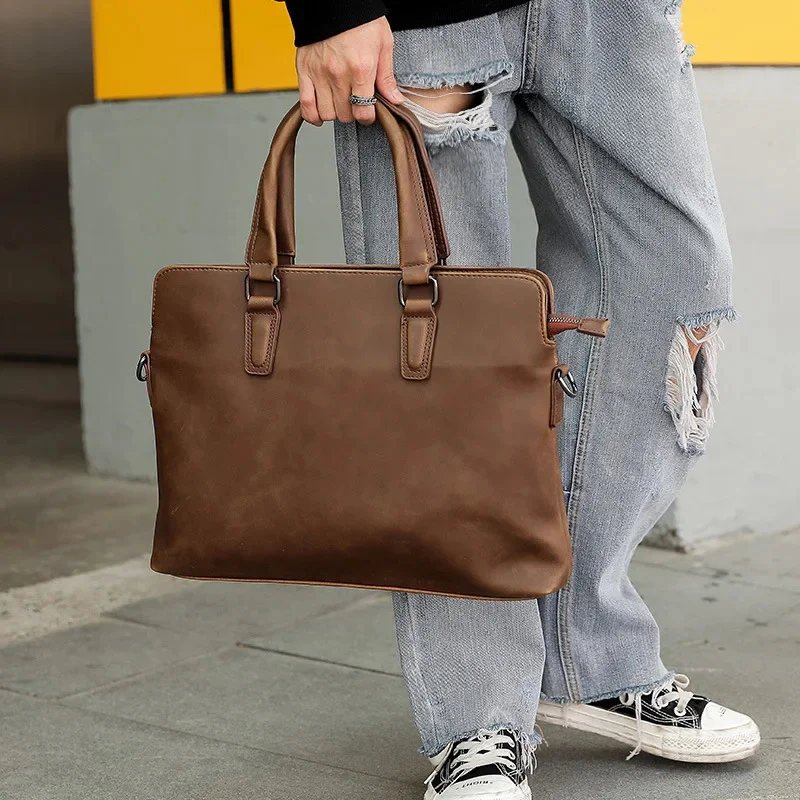 Luxe Zachte Lederen Aktetas Voor Mannen Zakelijke Laptop Retro Mannelijke Hand Draagtas Casual Schouder Messenger Bag