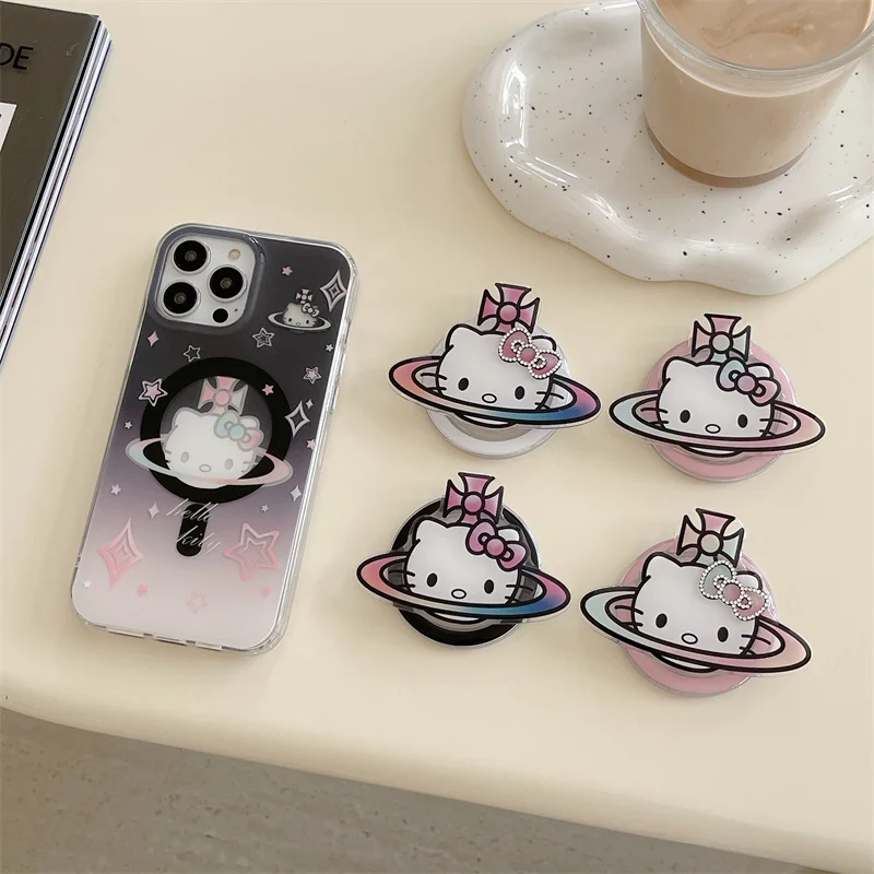 Cute Planet Hello Kitty Magsafe Wireless Charge Phone Case For iPhone 12 13 14 15Pro Max Bow Glitter Magnetic Stand Cover