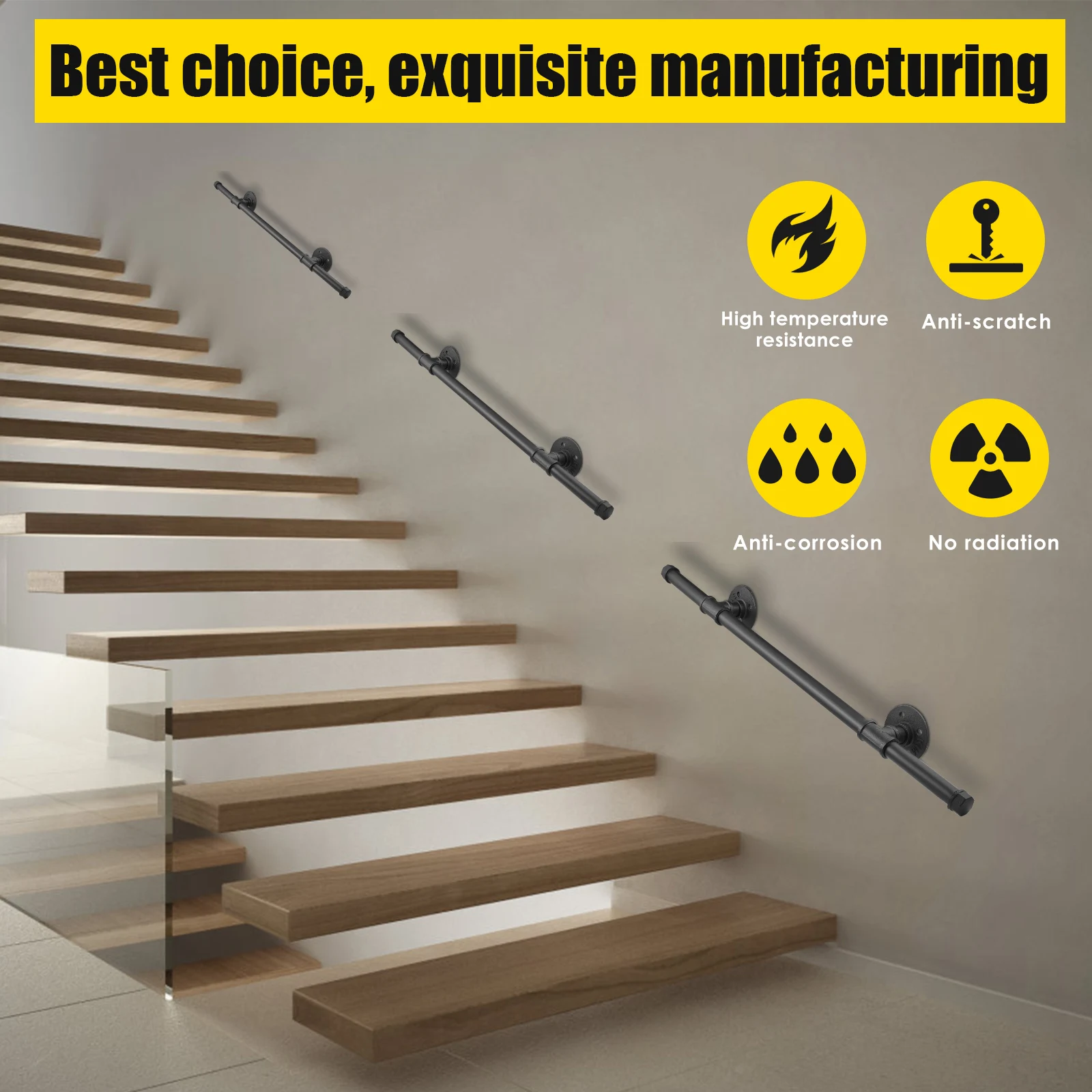 درابزين درج الأنابيب الآمنة درابزين الدرج من الفولاذ الكربوني لسلالم التثبيت على الحائط في الداخل والخارج درابزين الدرج الأسود #2