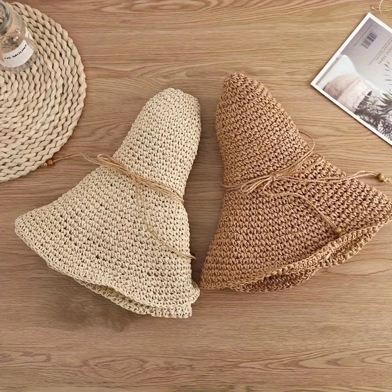Large lace bow straw hat summer beach sun shade neutral breathable adjustable ladies summer fashion sun hat