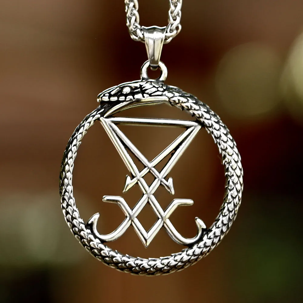 Unique Design Stainless Steel Round Snake Lucifer Satan Signet Pendant Cool Jewelry For Men GIFT free shipping