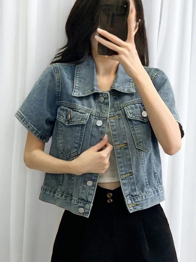 

New 2024 Spring Summer Denim Coat Women Short Sleeve Blue Jeans Jackets Turn Down Collar Streetwear Cropped Jackets Womens