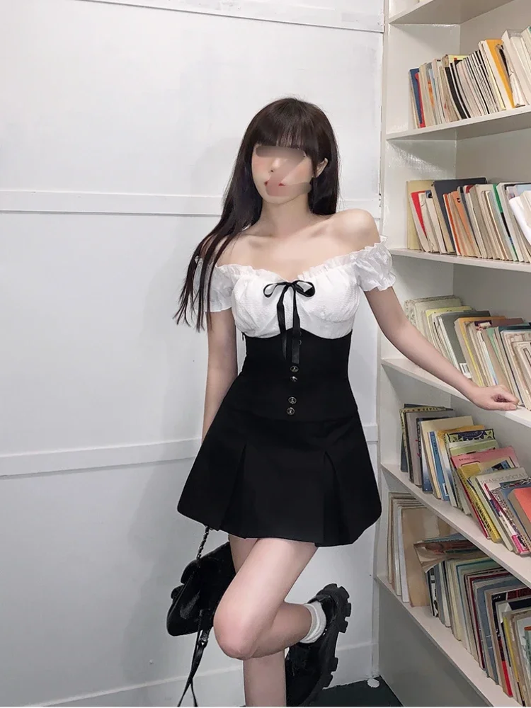 Elegant 2 Piece Dress Set Women Casual White Kawaii Blouse Female High Waist Y2k Black Skirt Slim Lolita Clothing 2023 Summer