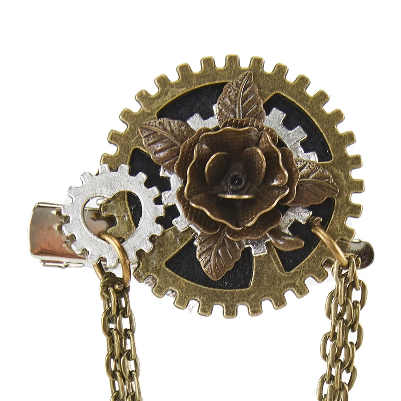 Vintage Handmade Steampunk Brooch Pin Gothic Gear Rose Chain Badge Cog Hair Clip Gothic Hairpin