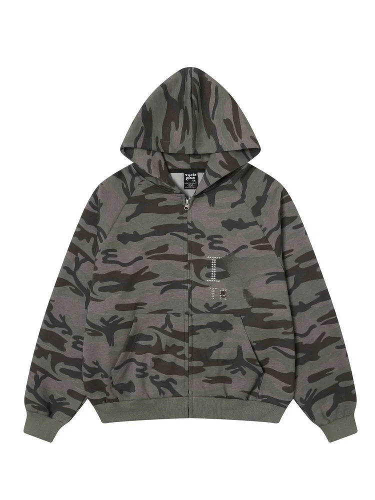 

TAELE plus Camouflage Rhinestone Open Cardigan Hoodie Couple Casual Outerwear Cotton Polyester Warm Long Sve Zipper