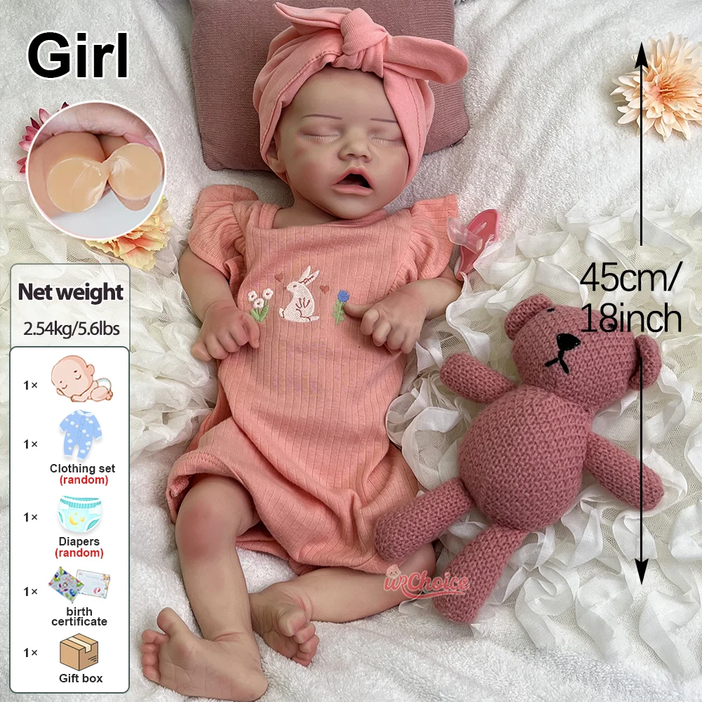Muñeca Reborn de silicona coleccionable de 18 pulgadas, boca abierta, bebés realistas, niña recién nacida para compañero emocional
