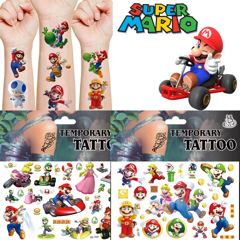 Game Super Mario Bros Tattoo Stickers Cartoon Anime Figure Luigi Yoshi Bowser Temporarily Sticker Cool Toys Children Party Gifts