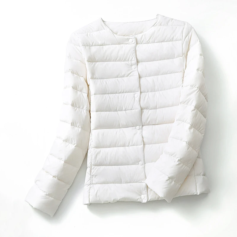 Autumn Winter Women's Ultra-light White Duck Down Jacket Long Sleeve Round-Neck Wearable Inside or Outside Warm Puffer Jacket