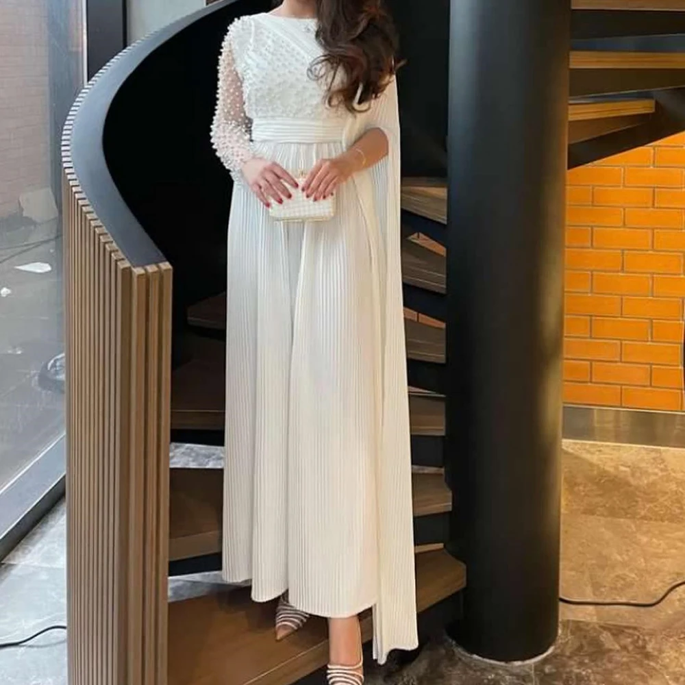 

Saudi Arabia Evening Gowns One Shoulder Tea Length Straight Boat Neck Jersey Long Sleeves White Dresses For Formal Occasions