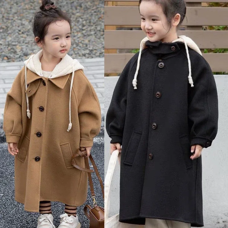 

Корейский стиль, искусственная двухсекционная верхняя одежда средней длины, весенне-осенняя мода для детей 4–14 лет, новое шерстяное пальто с капюшоном для девочек