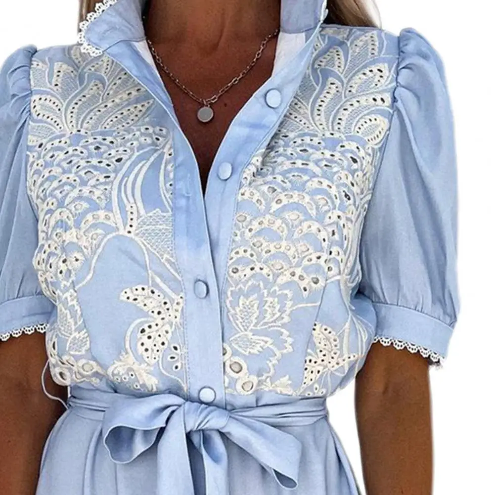 2025年 レディース ワンピース ホローアウト 刺繍 シングルブレスト 大きな裾 レースアップ マキシ丈ワンピース アンクル丈 ビーチワンピース