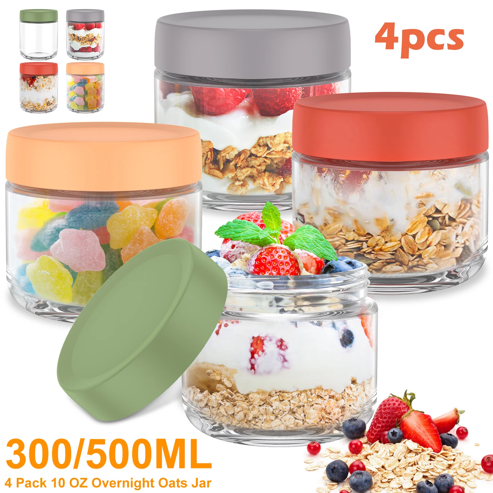 3/500ML Overnight Oats Jars Milk Fruit Salad Food Storage Container Glass Breakfast Cup Mason Jars Kid Water Bottle Kitchen Item