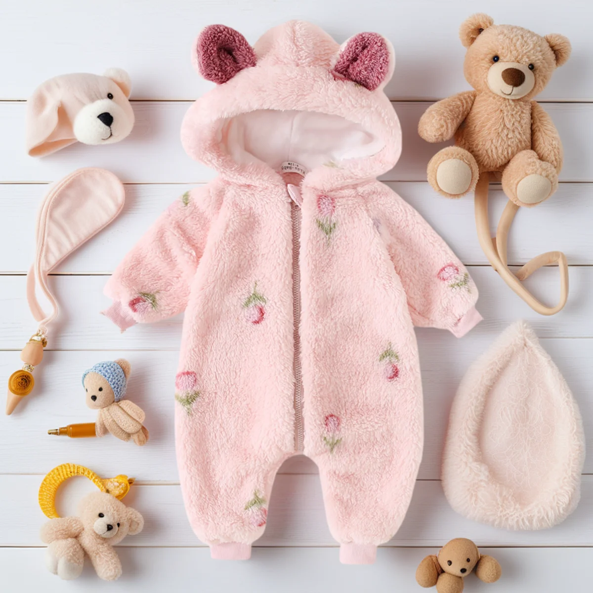 Baby Girls Rompers Winter Cute Fleece Thickened Toddler Floral Jumpsuits Warm Hooded
