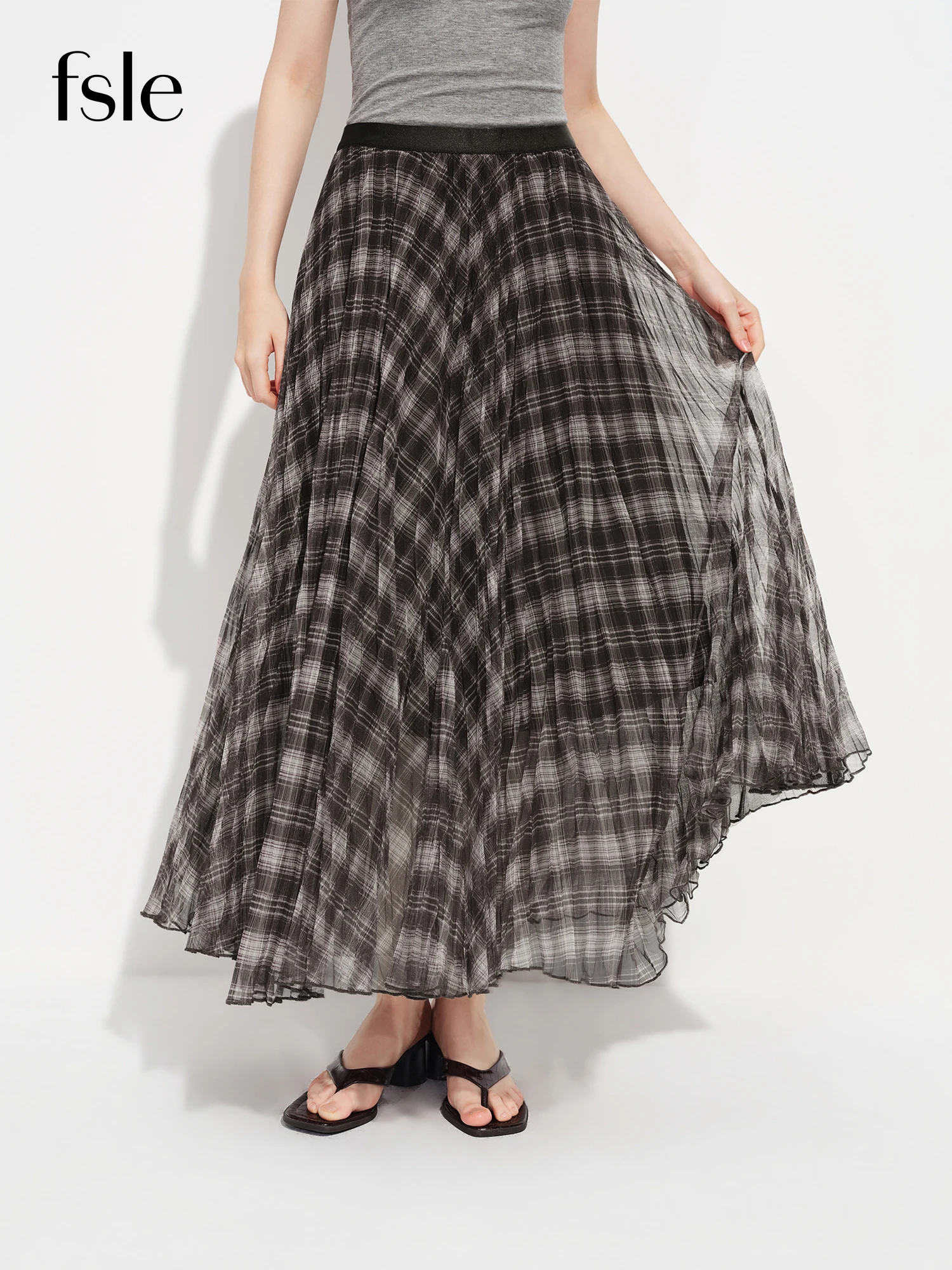 

Женская юбка FSLE в стиле ретро, в клетку, из сетчатой ткани, А-силуэта, новая весенняя коллекция 2026 года, струящаяся драпированная юбка до щиколотки, для уличного стиля и прогулок по городу