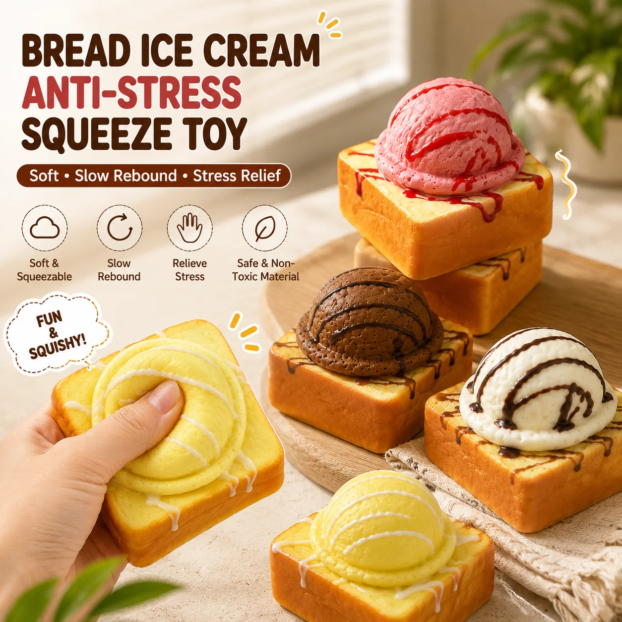 1PC Bread Ice Cream Squishy Toy, Realistic Soft Squeeze Slow Rebound Stress Relief Toy for Kids Adults Gift Window Props Decor