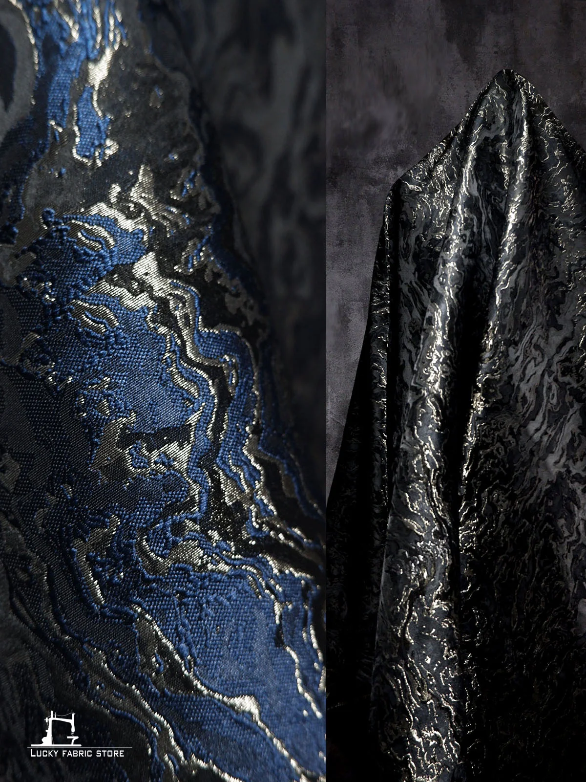 Blue and gold double-sided lava rock ripple Chinese style vest jacket Hanfu jacquard clothing fabric, designer fabric