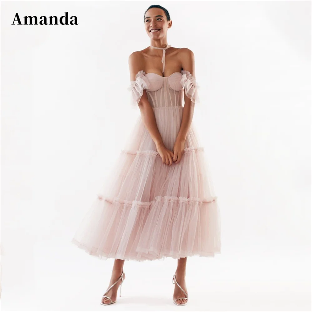 

Amanda Sexy Off Shoulder Knee Lenght Prom Dress 2023 Light Pink Tulle فساتين مناسبة رسمية Sweet Short Sleeve Vestidos De Noche