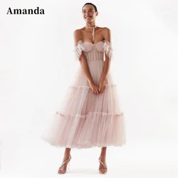 Amanda Sexy Off Shoulder Knee Lenght Prom Dress 2023 Light Pink Tulle فساتين مناسبة رسمية  Sweet Short Sleeve Vestidos De Noche