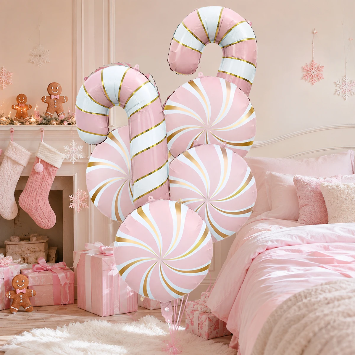 6-piece Pink Christmas Candy Cane Balloon Set, featuring pink, white, and gold Christmas candy windmill foil balloons. Suitable