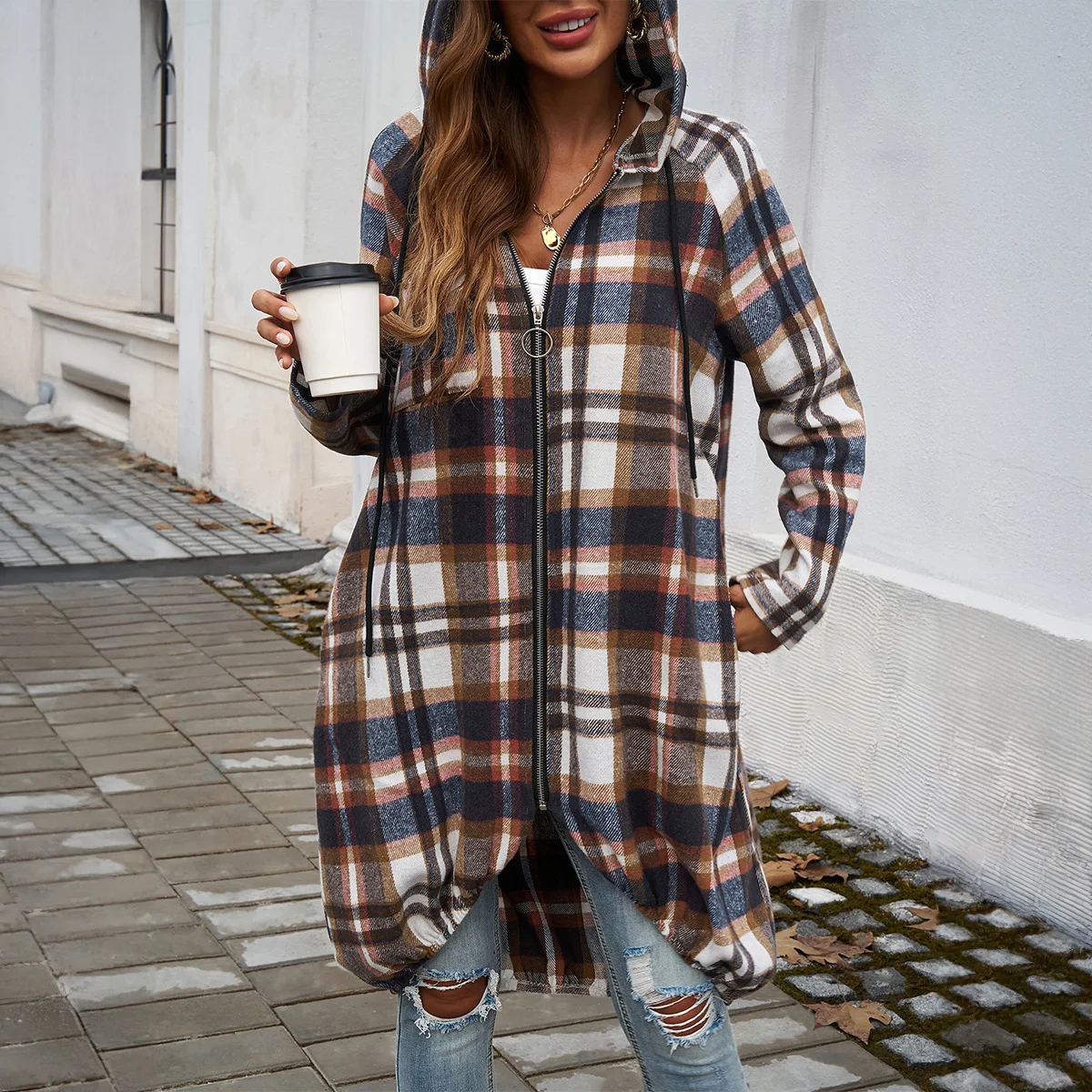 High Quality Hot Selling 2025 Women's Casual Loose Plaid Contrasting Zipper Hooded Jacket Wholesale Wool Blends Coats Tweed Y2k
