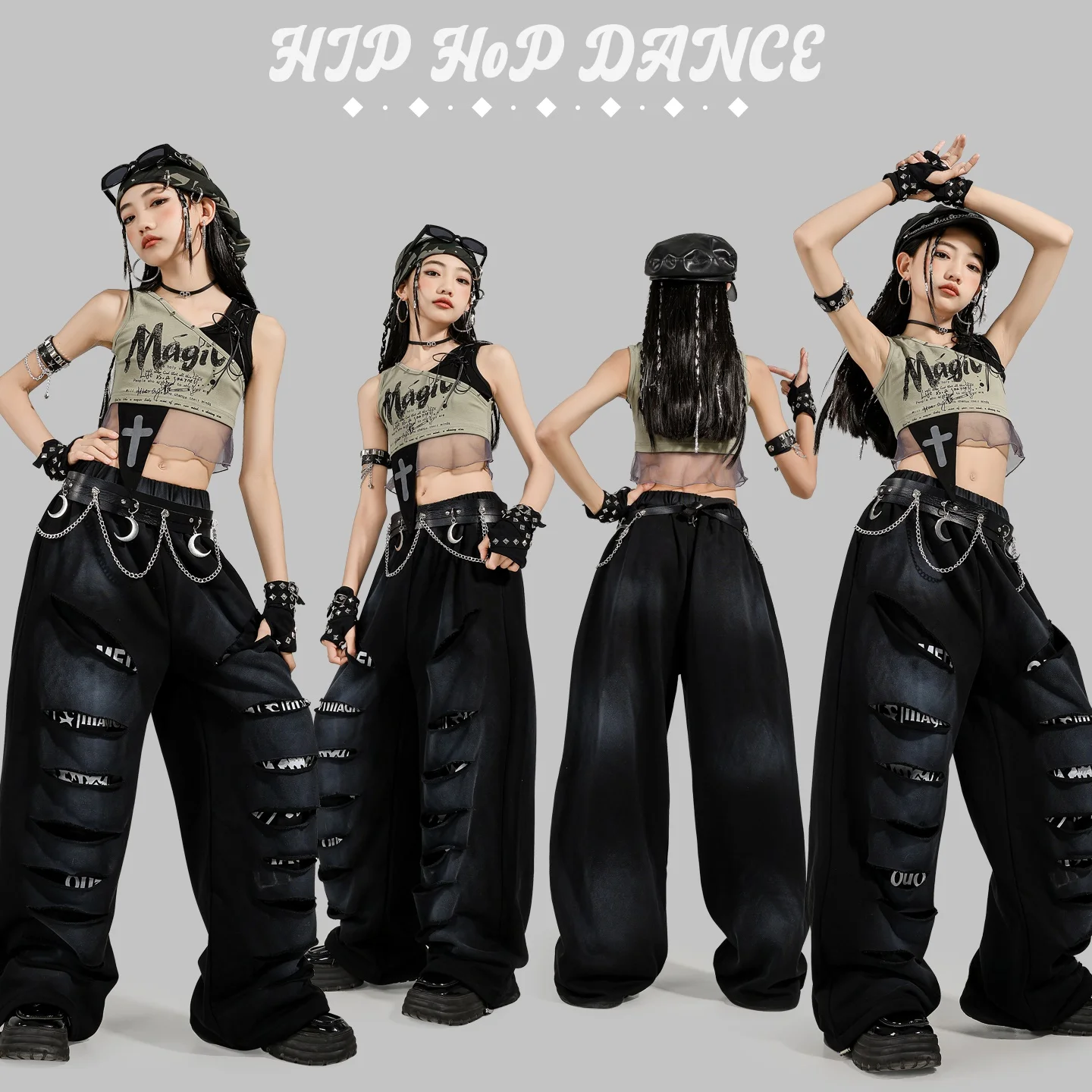 

Children Kpop Jazz Dance Clothes Navel Tops Ripped Pants Summer Sleeveless Hip Hop Costume Concert Stage Outfit Rave Wear L16643