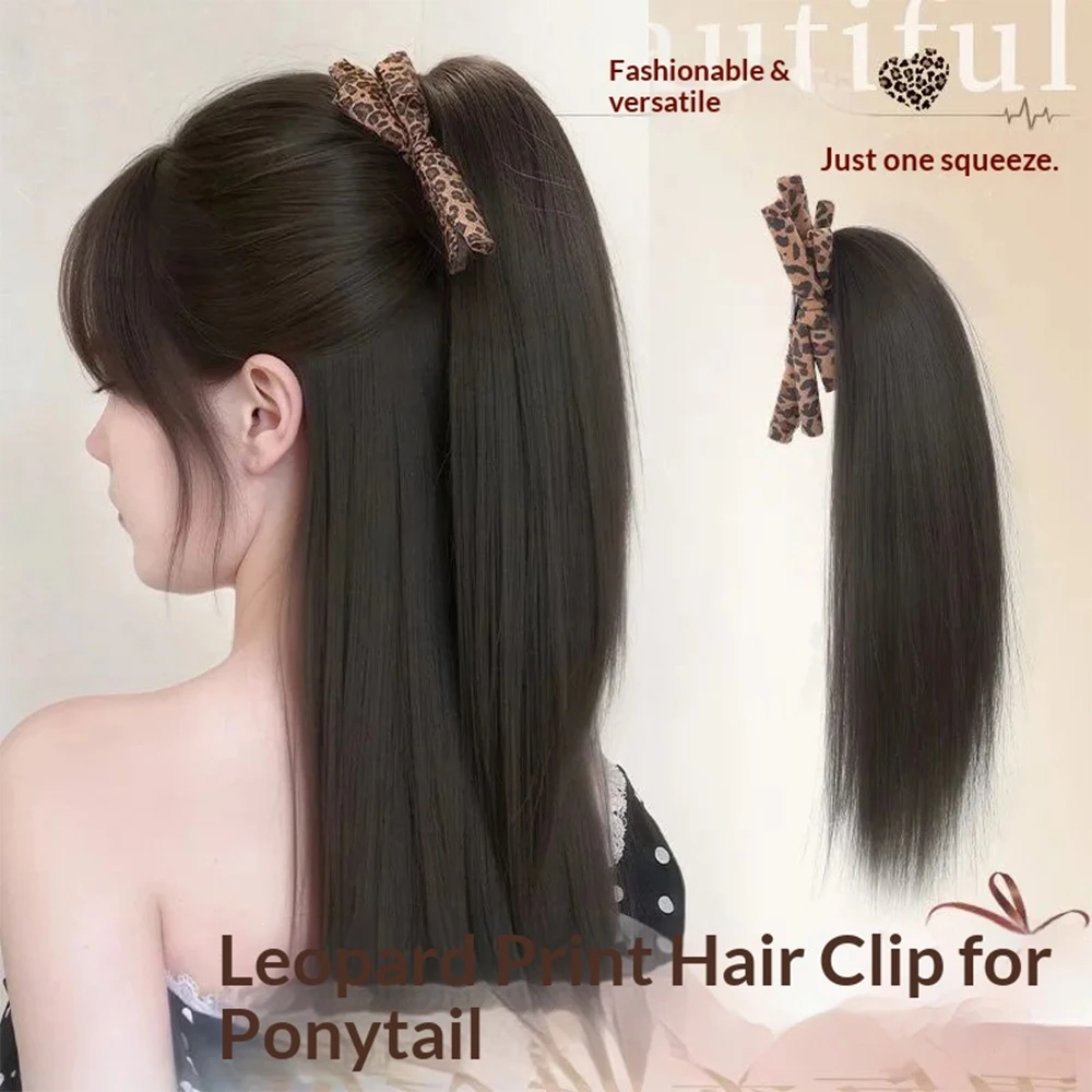 Leopard Print Bow Fountain Claw Clip Straight High Ponytail Synthetic Hair Heat Resistant Hair Accessories for Women Daily view 3