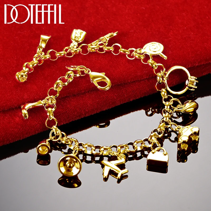 DOTEFFIL 925 Sterling Silver 24K Gold Shoe Bell Airplane Lock Car Fish Ring Lollipop Guitar Bracelet Chain Women Charm Jewelry