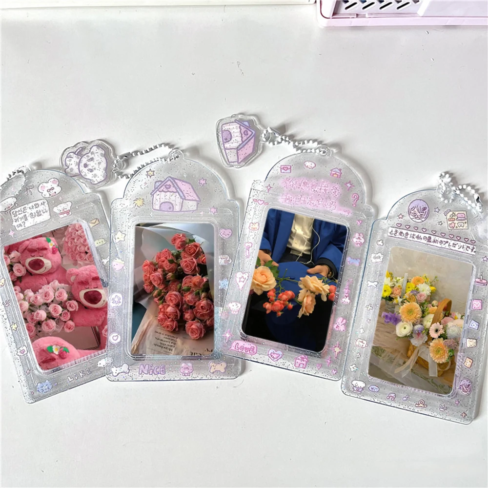 Shiny Photo Card Holder Photocards Protector PVC Sweet Photo Frame Transparent Bag Pendant Key Chain Glitter Photo Sleeves