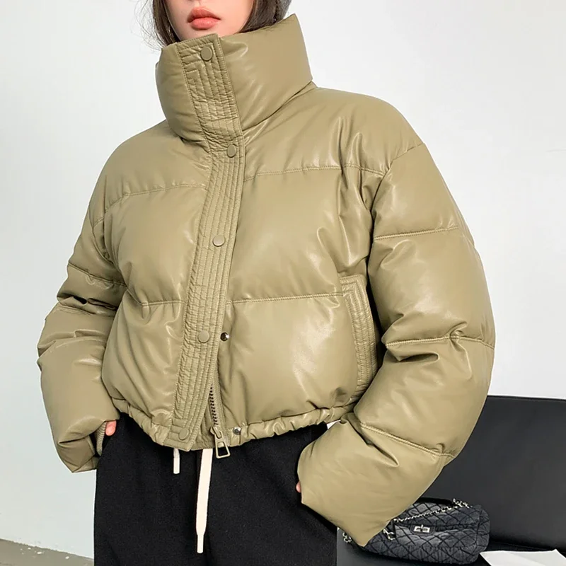 Gidyq-Parkas cortas de cuero Pu para mujer, ropa de calle gruesa y cálida, chaqueta de plumón que combina con todo, ropa de abrigo Puffty con