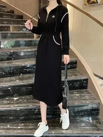 

Casual Hooded A-Line Midi Dress plus Size Women's Fashionable Spring Autumn Belly Covering Dress Korean Style High Waist Long...
