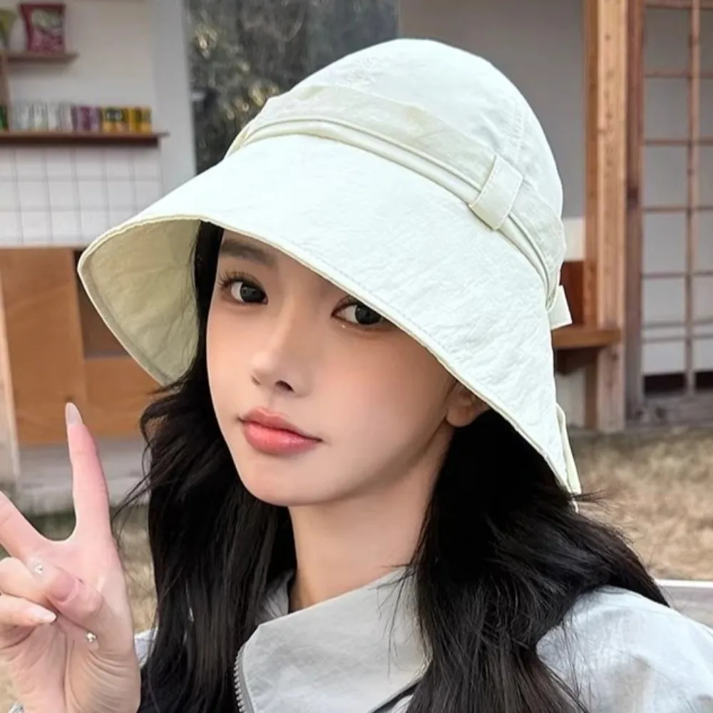 

Lightweight Large-brim Bucket Hat Bow Can Tie Hair Sunshade Fisherman Hat Half-Open Top UV Protection Sun-protection Hat