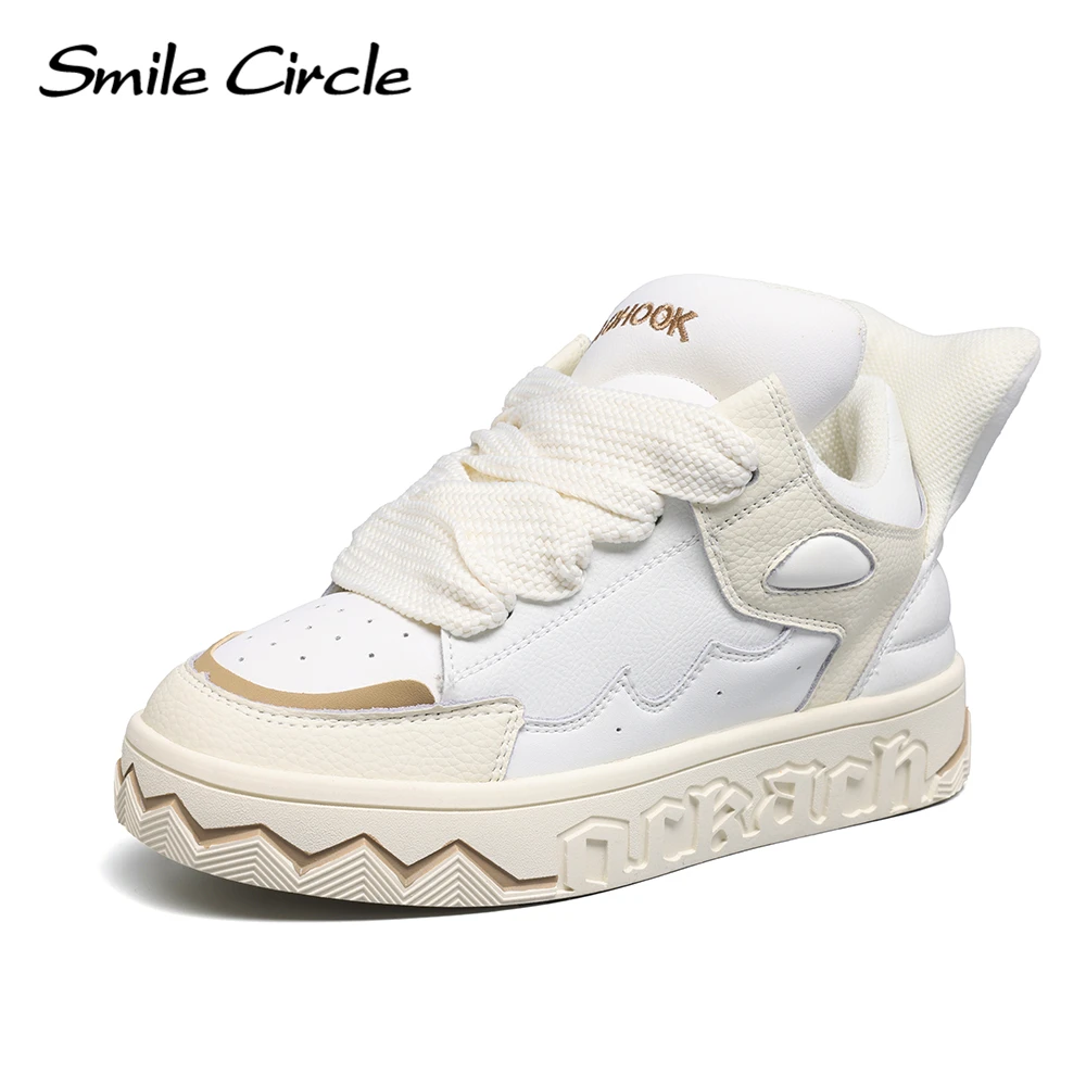 

Smile Circle Chunky Sneakers Women's Leather Lace-up Fashion Flat Platform Shoes Round Toe Comfortable Casual Sneakers