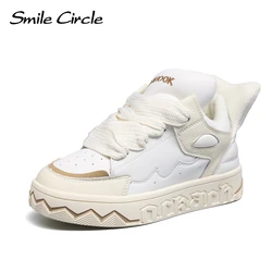 Smile Circle Chunky Sneakers Women's Leather Lace-up Fashion Flat Platform Shoes Round Toe Comfortable Casual Sneakers