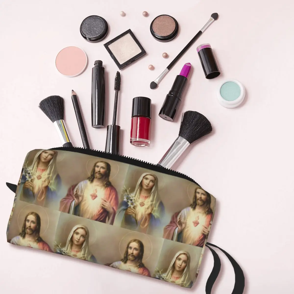 Sacred Heart Jesus Immaculate Mary Religious Poster Makeup Bag Cosmetic Organizer Toiletry Cosmetic Bag for Women Beauty Travel