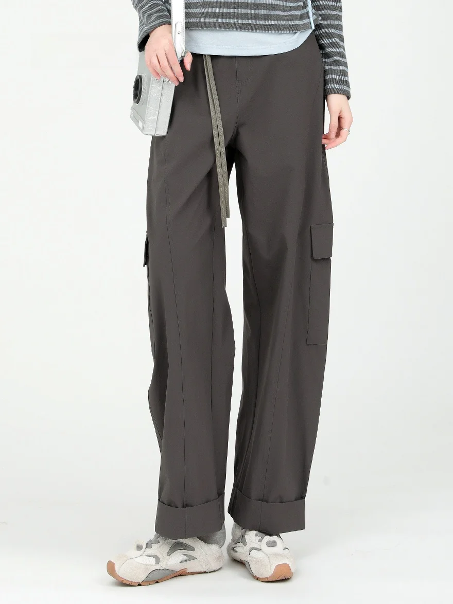 

Женские повседневные брюки Dailanzhi Весна 2026: эластичный пояс, множество карманов, в рабочем стиле, широкие штанины, модные