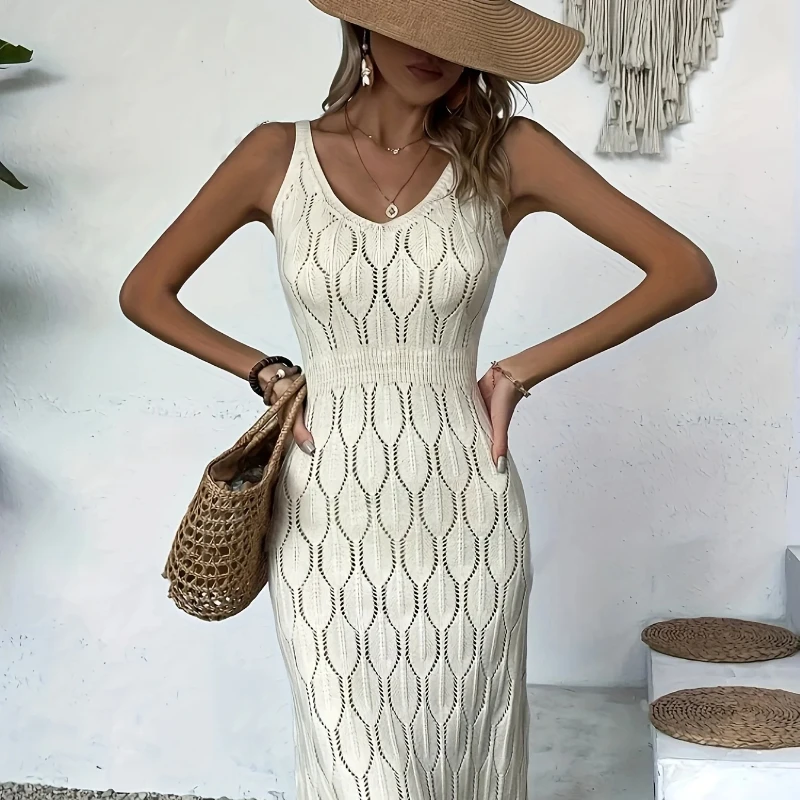 

Autumn/Winter Knitted Sexy Sleeveless White Beach Dress Fashion Long Bikini Casual Seaside Holiday Dress Women Wear