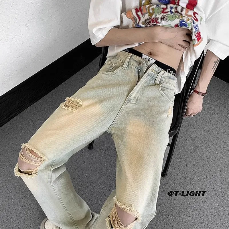 

Waed Yellow Mud Men's Jeans Summer American Retro Vibe Straight Leg Long Pants Casual Trousers Youthful Wear Resistant