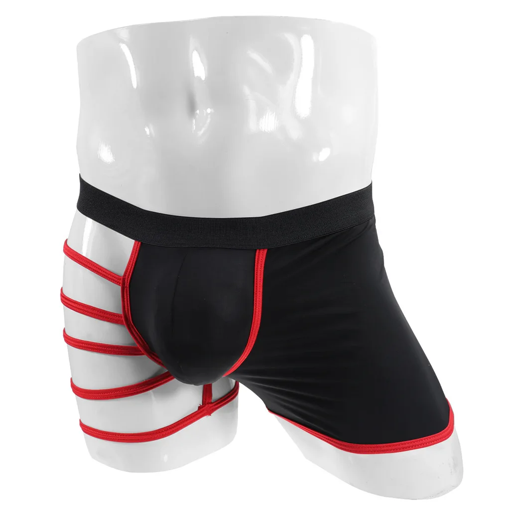 Men's Erotic Half Panties Gay Sexy U Convex Pouch Boxer Shorts Side Hollowed Crossover Perspective Underpant Sissy Bandage Trunk