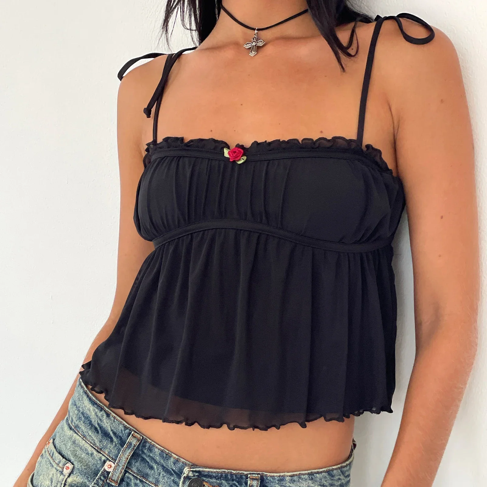 Women s Spaghetti Strap Camisoles Sexy Backless Flower Bow Pleated Going Out Tops Summer Tie Shoulder Tank Tops